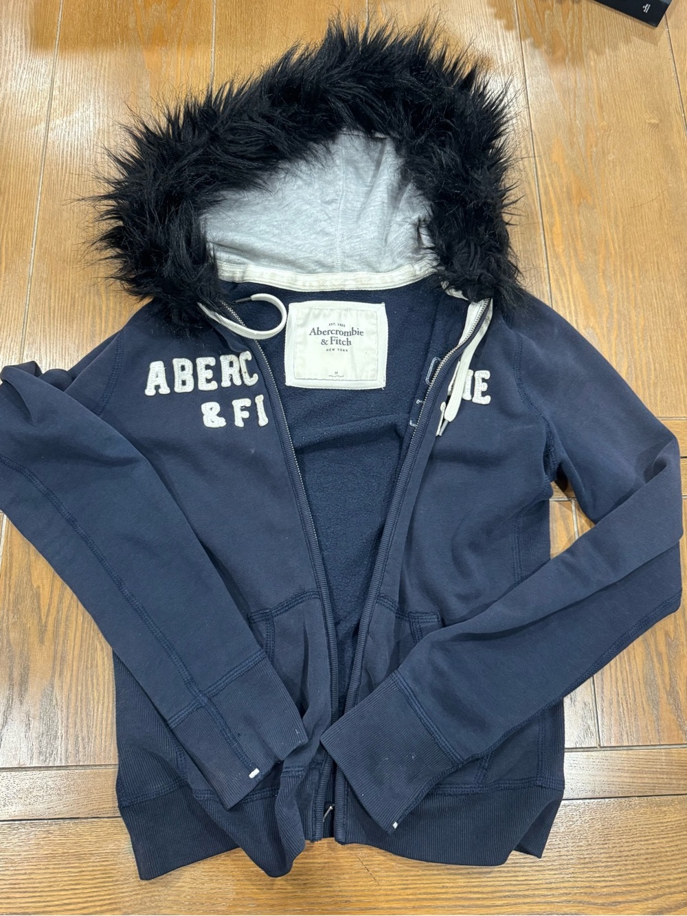Abercrombie & Fitch Men’s Navy Hooded Jacket with Faux Fur Trim